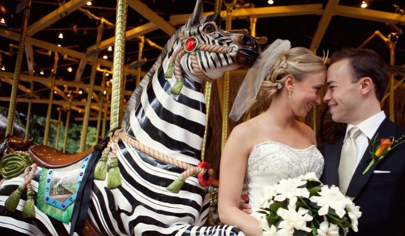 bride and groom at conservation carousel